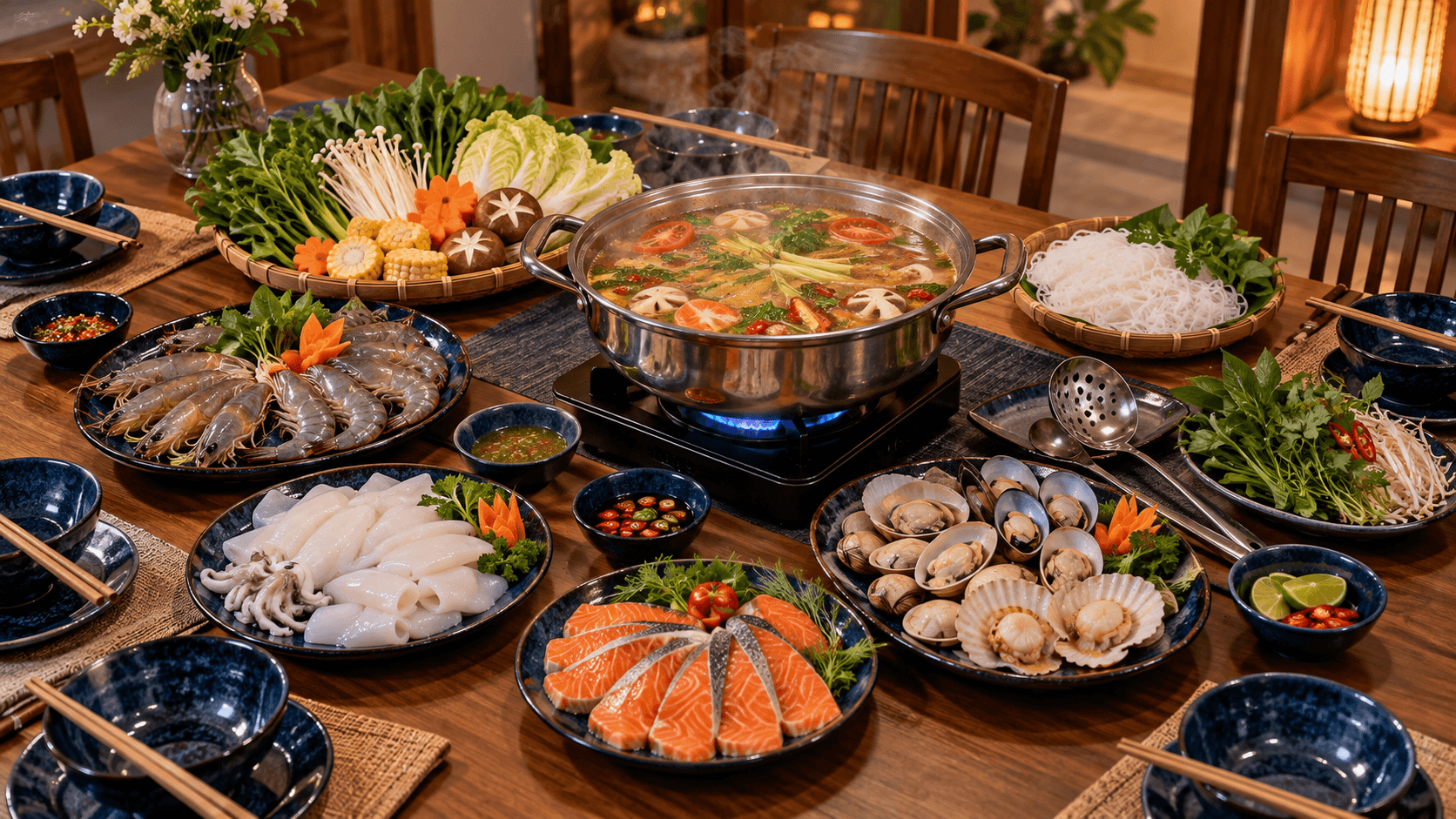 Nồi lẩu hải sản sôi nhẹ với các đĩa nguyên liệu được chia riêng